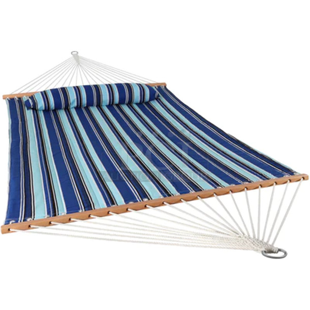 BRAND NEW IN BOX! Sunnydaze Quilted Double Fabric Hammock w/ Spreader Bar and Pillow Catalina Beach. Stock Picture Used For Gallery Picture.