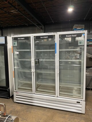 Masterbilt Standex Commercial Triple Glass Reach In Freezer Merchandiser! With Poly Coated Racks! 115/220V 1 Phase! Model: BLG-74-HGP SN: 199124 LEE01!