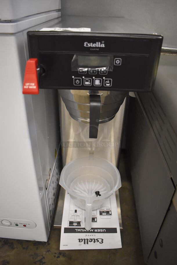 BRAND NEW IN BOX! Estella Caffe AIS0DAF ECSB-1 Stainless Steel Commercial Countertop Automatic Single Shuttle Coffee Maker w/ Digital Display, Hot Water Dispenser, Metal Brew Basket, Poly Brew Basket and Poly Pitcher. 120 Volts, 1 Phase. 10x24x31. Tested and Working!