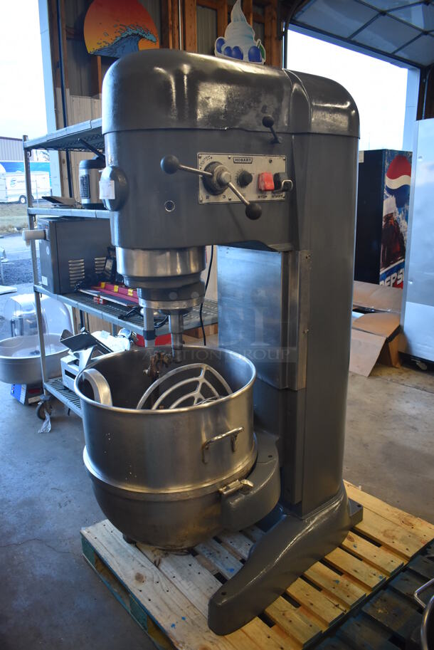 Hobart V-1401 Metal Commercial Floor Style 140 Quart Planetary Dough Mixer w/ Stainless Steel Mixing Bowl, Bowl Adapter, Paddle, Whisk and Dough Hook Attachments. 200 Volts, 3 Phase. 32x48x70
