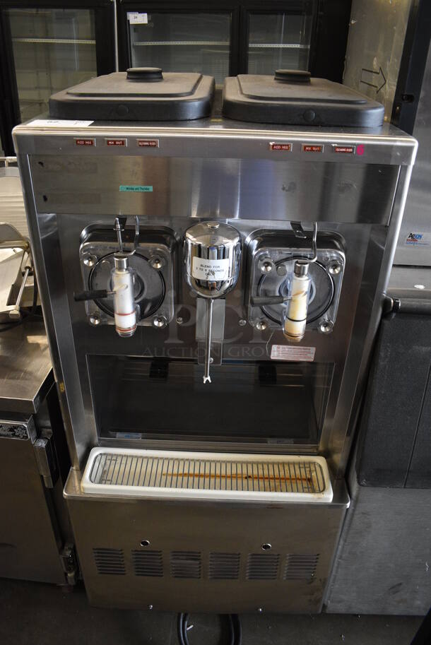 2013 Taylor Model 342D-27 Stainless Steel Commercial Floor Style Air Cooled 2 Flavor Frozen Beverage Machine w/ Drink Mixer Attachment on Commercial Casters. 208-230 Volts, 1 Phase. 26x34x60