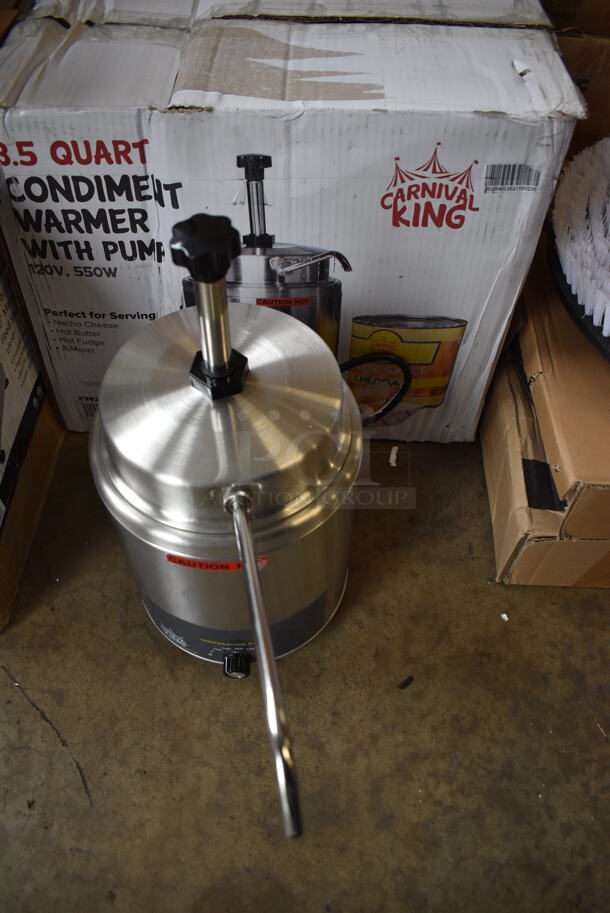 BRAND NEW IN BOX! Carnival King 382RWS35 Stainless Steel Commercial Countertop Condiment Warmer w/ Pump. 120 Volts, 1 Phase. 8x15x17. Tested and Working! - Image 4 of 7