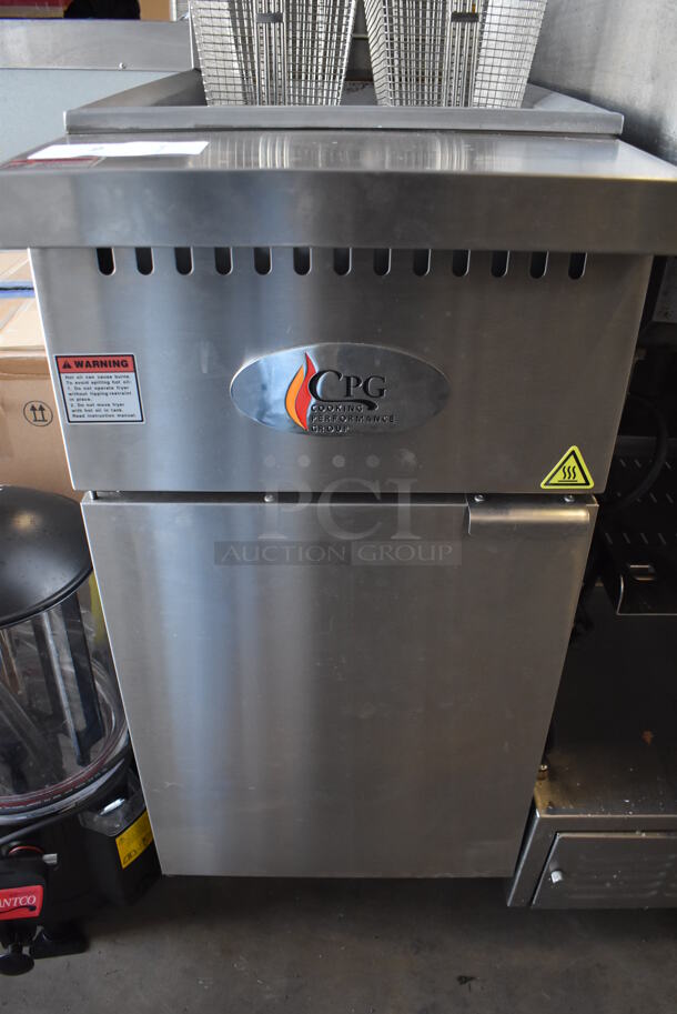 LIKE NEW! 2021 CPG 351FFOP40L Stainless Steel Commercial Floor Style Liquid Propane Gas Powered 40 Pound Deep Fat Fryer w/ 2 Metal Fry Baskets. 90,000 BTU. 16x32x45. Tested and Working! - Image 5 of 8