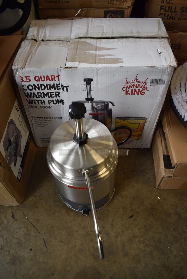 BRAND NEW IN BOX! Carnival King 382RWS35 Stainless Steel Commercial Countertop Condiment Warmer w/ Pump. 120 Volts, 1 Phase. 8x15x17. Tested and Working! - Image 5 of 7