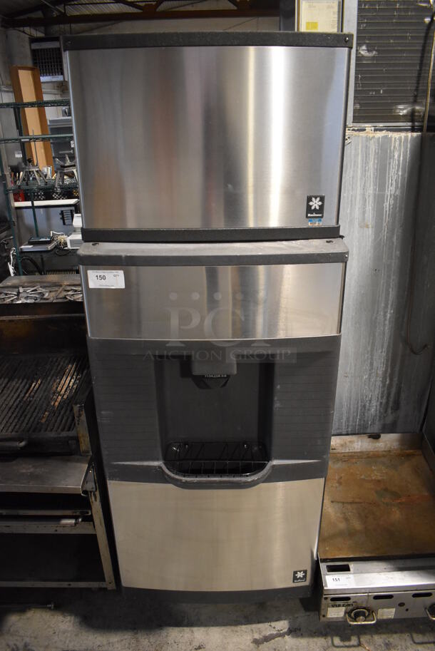 Manitowoc QD0452A Stainless Steel Commercial Ice Machine Head on Manitowoc QPA310 Stainless Steel Commercial Ice Bin Hotel Dispenser. 115 Volts, 1 Phase. 30x29x82