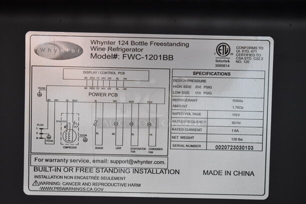 BRAND NEW SCRATCH AND DENT! Whynter FWC-1201BB Metal Freestanding 34 Bottle Wine Cooler Merchandiser w/ Touch Screen. 115 Volts, 1 Phase. Tested and Working! - Image 6 of 6