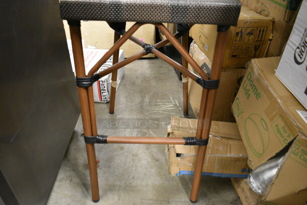 BRAND NEW SCRATCH AND DENT! 427BAFRBSBRN French Bistro Brown Teslin Outdoor Arm Barstool Bar Height Chair.  - Image 4 of 5