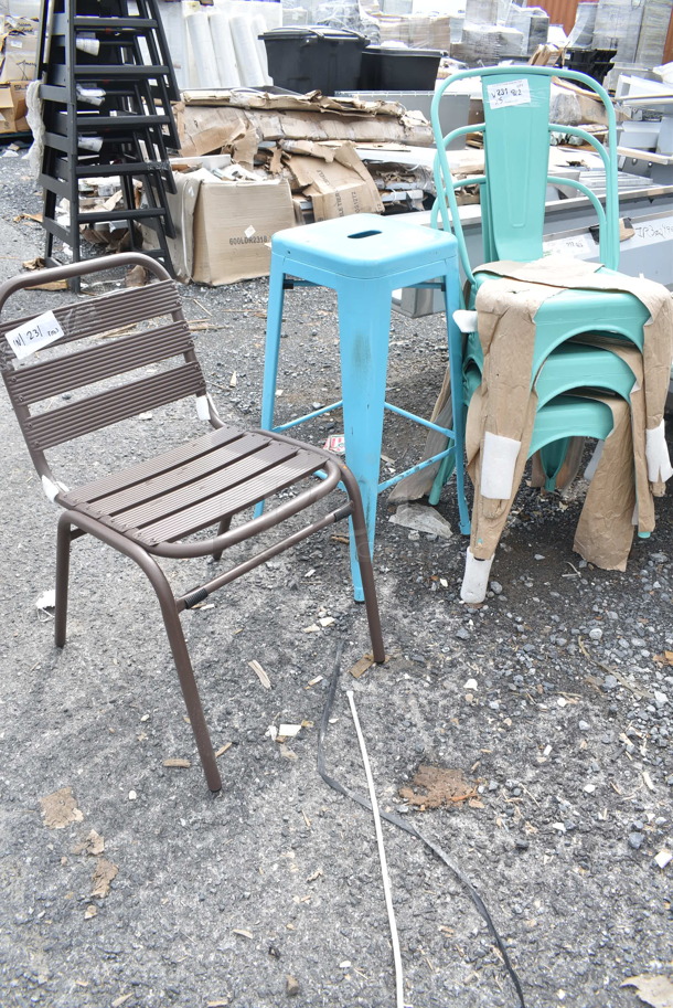 5 BRAND NEW SCRATCH AND DENT! Various Seats; Blue Bar Height Tolix Style Bar Stool, Brown Outdoor Patio Chair and 3 Seafoam Metal Tolix Style Dining Height Chairs. 5 Times Your Bid!  - Image 1 of 5