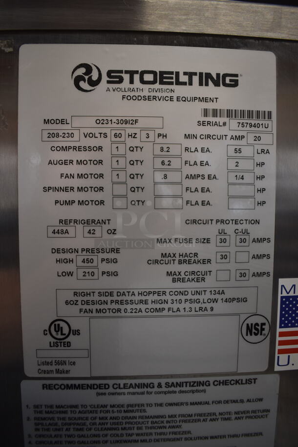 BRAND NEW! 2022 Stoelting O231-30912F Commercial Stainless Steel Air Cooled Soft Serve Ice Cream Machine With 2 Hoppers. Includes Box of Commercial Casters, Operators Manual And Cleaning Supplies. 208-230V, 3 Phase. Tested And Working!  - Image 8 of 12