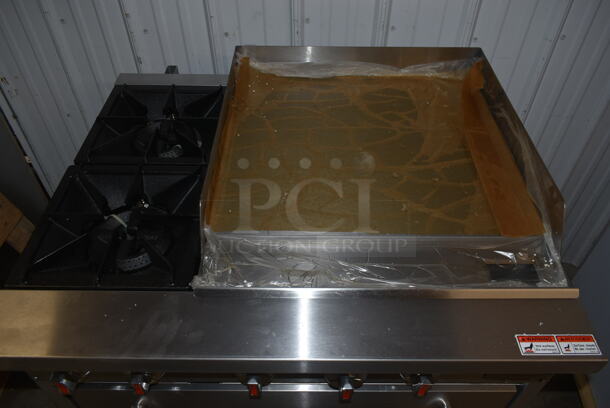 BRAND NEW SCRATCH AND DENT! Cooking Performance Group 351S36G24L Stainless Steel Commercial Propane Gas Powered 2 Burner Range with 24" Griddle, Oven, Over Shelf and Back Splash. 130,000 BTU. - Image 9 of 11