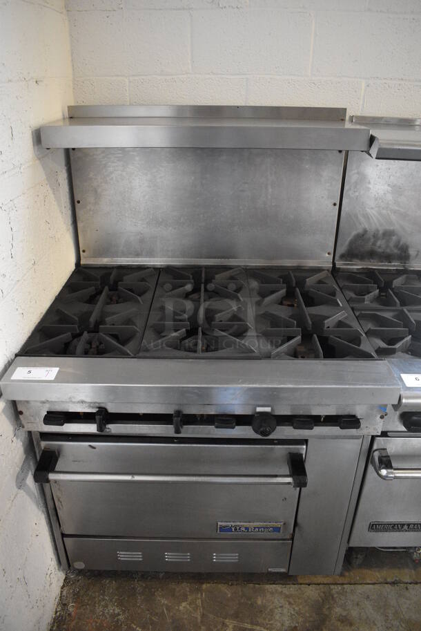 US Range Stainless Steel Commercial Natural Gas Powered 6 Burner Range w/ Oven, Over Shelf and Back Splash. 30,000 BTU. 36x33x58 - Image 1 of 6