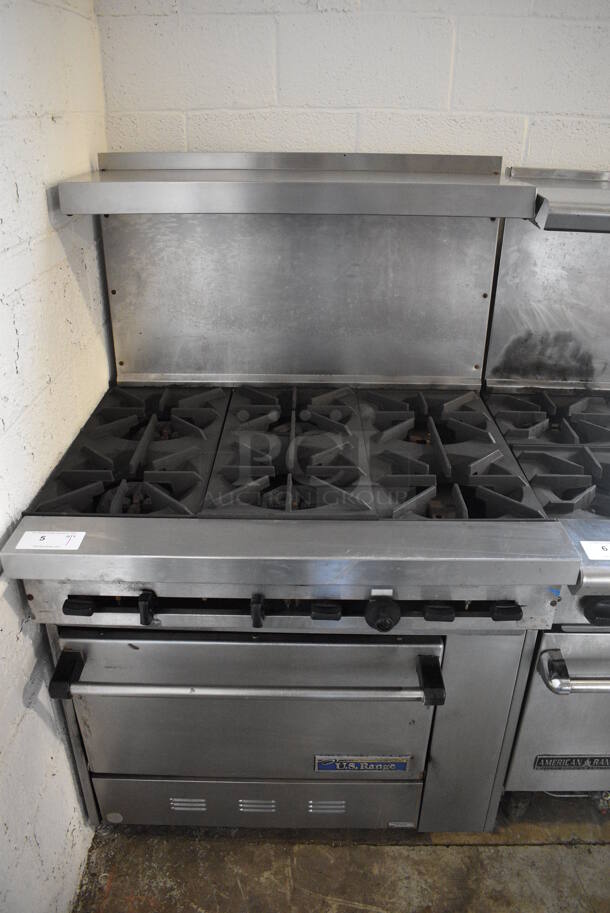 US Range Stainless Steel Commercial Natural Gas Powered 6 Burner Range w/ Oven, Over Shelf and Back Splash. 30,000 BTU. 36x33x58