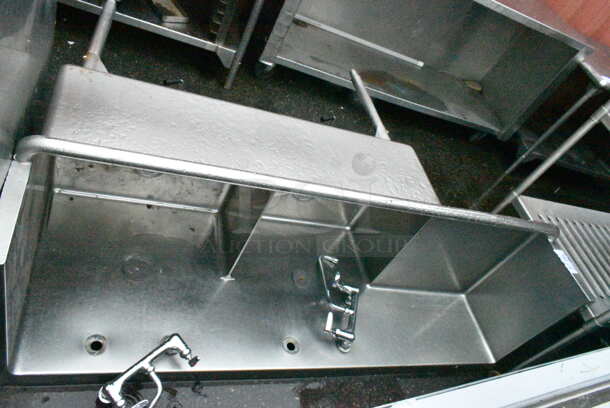 Stainless Steel Commercial 2 Bay Sink w/ 2 Faucets, 2 Handle Sets, Left Side Drain Board. Missing 2 Legs. Bay 24x24x12. Drain Board 19.5x20 - Image 1 of 9