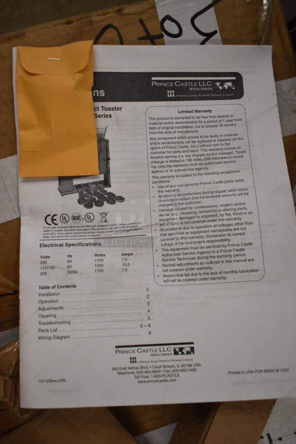 BRAND NEW SCRATCH AND DENT! 2023 Prince Castle 297-T12P Stainless Steel Commercial Countertop Vertical Contact Toaster. 115 Volts, 1 Phase. Tested and Working! - Image 5 of 6