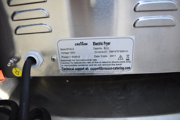 BRAND NEW SCRATCH AND DENT! 2024 Crosson EF-6V-2 Stainless Steel Commercial Countertop Electric Powered 2 Bay Fryer w/ 2 Metal Fry Baskets and 2 Lid. 120 Volts, 1 Phase. - Image 7 of 7