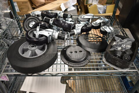 ALL ONE MONEY! Tier Lot of 12 Various Commercial Casters and 7 349LEVELFEET Table Feet. 