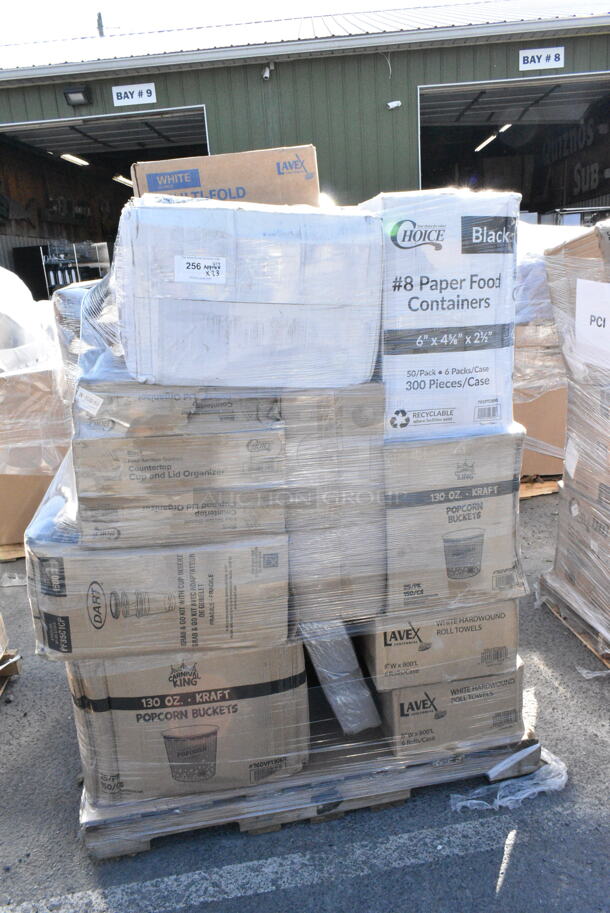 23 BRAND NEW Boxes Including 2 Box 795PTOBK8 Choice Black Microwavable Folded Paper #8 Take-Out Container 6" x 4 3/4" x 2 1/2" - 300/Case, 130CLFKSH Choice Clear Heavy Weight Wrapped Plastic Cutlery Pack - 500/Case, 176CTO4VBK Choice Black 4-Section Slanted Countertop Cup and Lid Organizer, PF35C1CR, 760VP130KR Carnival King Kraft 130 oz. Popcorn Bucket - 150/Case, 5001RT800B Lavex 8" White Hardwound Paper Towel, 800 Feet / Roll - 6/Case, 2 Box 500TO883C3 Choice 10" Round Standard Weight Foil Take-Out Pan - 250/Case, 966TALLFLDB Choice White Tall-Fold 6" x 13" Dispenser Napkin - 8000/Case, 500COLLAR8BR EcoChoice 8 oz. Kraft Coffee Cup Sleeve / Jacket / Clutch - 1200/Case, 128HD12COMBO Choice Heavy Duty 12 oz. Microwavable Translucent Plastic Deli Container and Lid Combo Pack - 240/Case, 500CC12 Choice Clear PET Customizable Plastic Cold Cup - 12 oz. - 1000/Case, 500CC16HD 16 oz. Plastic Cold Cup - 1000/Case, 500MFT Lavex Natural Brown Kraft M-Fold (Multifold) Towel - 4000/Case. 23 Times Your Bid!  - Image 1 of 12