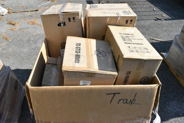 12 BRAND NEW Boxes Including TC-ST13-White Unit, Nemco 55600-2 1/4" Easy Tomato Slicer, 247PG1022FH Vigor 11" x 23" Portable Steel Griddle, TC-1350R-SS 13 Gallon Trash Can, 271CT1418OR Carlisle CT141824 Cafe 14" x 18" Orange Standard Plastic Fast Food Tray - 12/Case, 257SWD Lavex Heavy-Duty Steel Stretch Wrap Dispenser with Film Cutter, 245CB12PLN Choice 12" x 12" x 2" Kraft Customizable Corrugated Plain Pizza Box - 50/Case, Zurn Z5410 Blowout Service Sink. 12 Times Your Bid!  - Image 1 of 12