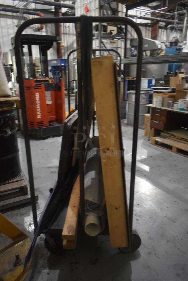 Black Metal Flat Cart w/ Contents Including Faux Brick Wall on Commercial Casters. - Image 2 of 4