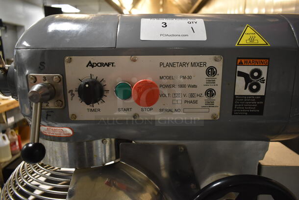 Adcraft PM-30 Metal Commercial Countertop 30 Quart Planetary Dough Mixer w/ Stainless Steel Mixing Bowl, Bowl Guard, Paddle, Whisk and Dough Hook Attachments. 120 Volts, 1 Phase. Tested and Working! (kitchen)  - Image 5 of 8