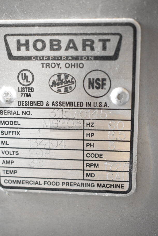 2018 Hobart MG2032 Metal Commercial Floor Style Electric Powered Meat Mixer Grinder w/ Foot Pedal on Commercial Casters. 208 Volts, 3 Phase. Tested and Working! - Image 6 of 6