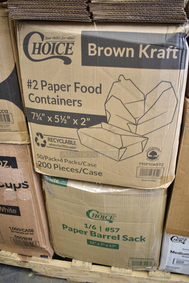 PALLET LOT of 37 BRAND NEW Boxes Including Dart 205HT1 White Foam Take Out Container with Perforated Hinged Lid 9" x 6" x 3" - 200/Case, 7072318PP Sabert Mozaik 17 1/2" x 6 1/2" White Plastic Platter / Catering Tray - 25/Case, 4 Box 394345XL Noble NexGen Powder-Free Disposable Black Hybrid 3 Mil Thick Gloves - Extra Large - 1000/Case, 129MCR24B Choice 24 oz. Black Round Microwavable Heavy Weight Container with Lid 7 1/4" - 150/Case, 129MCS28B Choice 28 oz. Black Rectangular Microwavable Heavy Weight Container with Lid 8 3/4" x 6 1/4" x 1 3/4" - 150/Case, 130WFORKWP Choice Individually Wrapped Medium Weight White Plastic Fork - 1000/Case, 433NHT10 Choice 1/6 Standard Size White "Thank You" Medium-Duty Plastic T-Shirt Bag - 1000/Case, 795PTOKFT3 Choice Kraft Microwavable Folded Paper #3 Take-Out Container 7 3/4" x 5 1/2" x 2 1/2" - 200/Case, 795PTOKFT2 Choice Kraft Microwavable Folded Paper #2 Take-Out Container 7 3/4" x 5 1/2" x 1 7/8" - 200/Case, 433W1657SACK Choice 1/6 57# White Heavy-Duty Paper Barrel Sack - 500/Case, 500CC12 Choice Clear PET Customizable Plastic Cold Cup - 12 oz. - 1000/Case, 50016W Choice 16 oz. White Poly Paper Hot Cup - 1000/Case, 70780HL Sabert Catering Pop-Top 10 3/4" Square Clear PET Hinged Lid for 80 oz. Square Bowls - 50/Case, 442BOX8CUBE Lavex 8" x 8" x 8" Kraft Corrugated RSC Shipping Box - 25/Bundle, 3 Box 128HD12COMBO ChoiceHD 12 oz. Microwavable Translucent Plastic Deli Container and Lid Combo Pack - 240/Case, 4619993HS Metro 9993HS Equivalent 3 1/2" Stainless Steel Foot Plate. 37 Times Your Bid! - Image 8 of 12