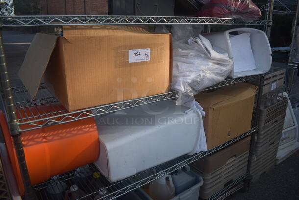 ALL ONE MONEY! Lot of Items Including Open Utility Shelf With Metro Style Shelving, Linens, Orange Salad Spinner With Lid, Trash Can, Dish Caddy, Picture Frames, Toilet Paper, Steel Baking Trays, Circular Steel Tins, AND MORE! BUYER MUST DISMANTLE. PCI CANNOT DISMANTLE FOR SHIPPING. PLEASE CONSIDER FREIGHT CHARGES. - Image 3 of 11