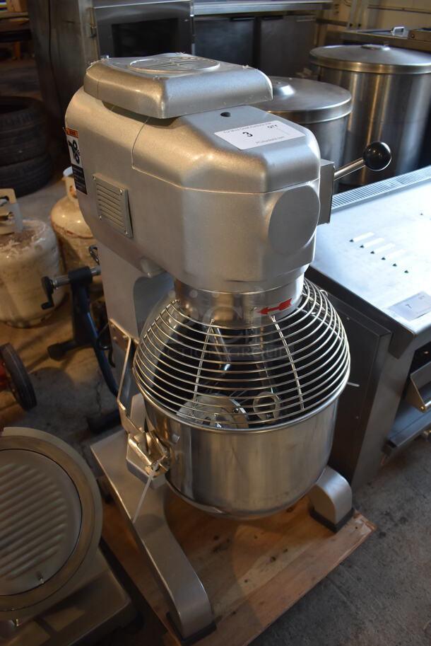 BRAND NEW SCRATCH AND DENT! Galaxy 177GMIX20 Metal Commercial Floor Style 20 Quart Planetary Dough Mixer w/ Stainless Steel Mixing Bowl, Bowl Guard, Dough Hook, Balloon Whisk and Paddle Attachments. Missing Fan Back Cover. 110 Volts, 1 Phase. 15x20x33. Tested and Working! - Image 3 of 11