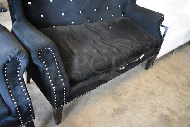 Black Chair w/ Arm Rests and Nail Head Trim. One Leg Needs To Be Secured. 59x30x50 - Image 2 of 6