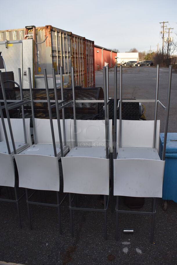 6 Bikini Design Jorge Pensi Amat White Bar Height Chairs on Metal Legs. Stock Picture - Cosmetic Condition May Vary. 16x16x41. 6 Times Your Bid! - Image 8 of 8