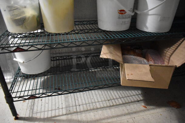 ALL ONE MONEY! Lot of Green Wire Shelving Units. Does Not Include Contents. BUYER MUST REMOVE: BUYER MUST DISMANTLE. PCI CANNOT DISMANTLE FOR SHIPPING. PLEASE CONSIDER FREIGHT CHARGES. (kitchen) - Image 4 of 9