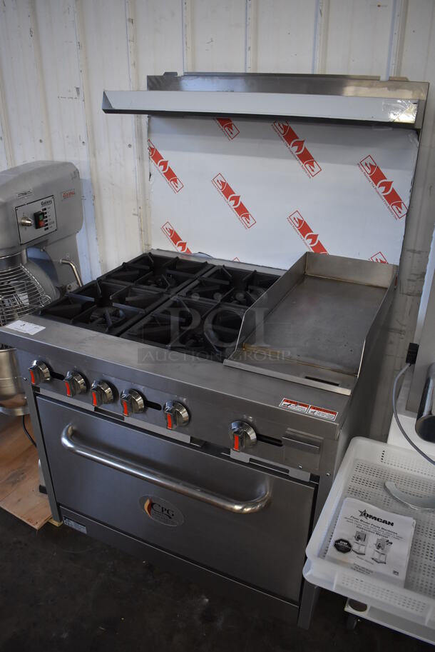 BRAND NEW SCRATCH AND DENT! CPG 351S36G12N Stainless Steel Commercial Natural Gas Powered 4 Burner Range with Right Side Griddle, Standard Oven, Over Shelf and Back Splash. 170,000 BTU. 36x33x61. Tested and Working! - Image 2 of 8