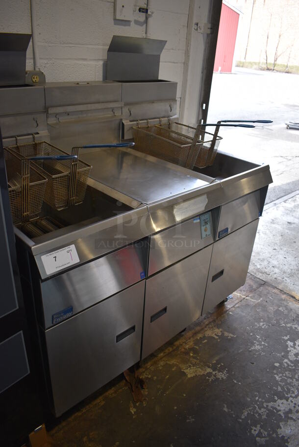 Pitco Frialator Model F14S-V Stainless Steel Commercial Floor Style Propane Gas 2 Bay Fryer w/ Center Dumping Station on Commercial Casters. 110,000 BTU. 49x32x54 - Image 9 of 9