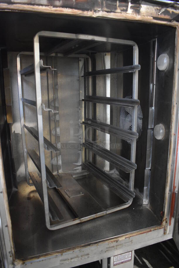 Stainless Steel Commercial Gas Powered Mini Rotating Rack Oven w/ View Through Doors and Lower Pan Rack on Commercial Casters. 48x36x75. Picture of the Unit Powered On Before Removal Is Included In the Listing. - Image 5 of 11