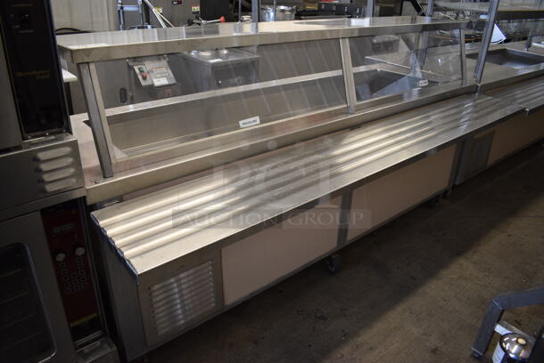 Servolift Eastern 502-4R Metal Commercial Portable Refrigerated Buffet Station w/ Sneeze Guard and Tray Slide on Commercial Casters. 120/208 Volts, 1 Phase. 92x42x49