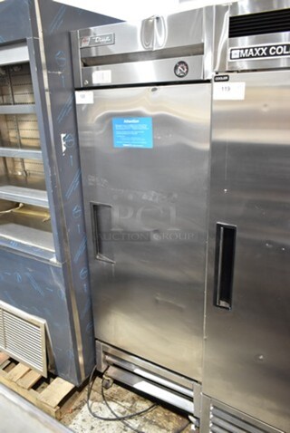 2017 True T-19F Stainless Steel Commercial Single Door Reach In Cooler on Commercial Casters. Back Right Caster is Broken and Back Left Caster Is Missing. 115 Volts, 1 Phase. Tested and Working!