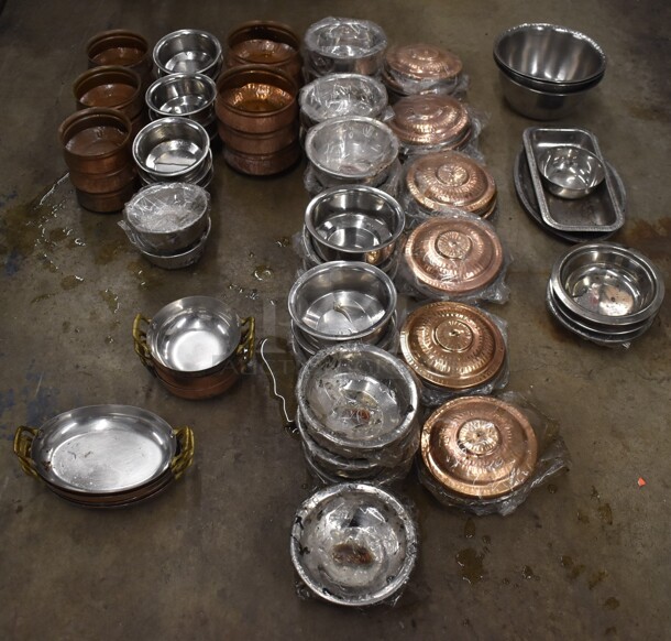 ALL ONE MONEY! Lot of Various Metal Bowls In Green Poly Bin Including 9 Copper Colored Bowls, 11 Chrome Inserts, 6 Copper Finish Bowls, 19 Chrome Inserts, 17 Lids, 3 Copper Finish Bowls w/ Handles, 4 Copper Finish Oval Bowls w/ Lids, 3 Bowls, 2 Trays and Bowl