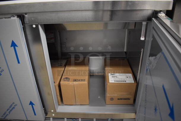 BRAND NEW SCRATCH AND DENT! Beverage Air SPE72HC-18 Stainless Steel Commercial Sandwich Salad Prep Table Bain Marie Mega Top w/ Racks and 18 Drop In Bins on Commercial Casters. 115 Volts, 1 Phase. 72x30x43. Tested and Working! - Image 6 of 12