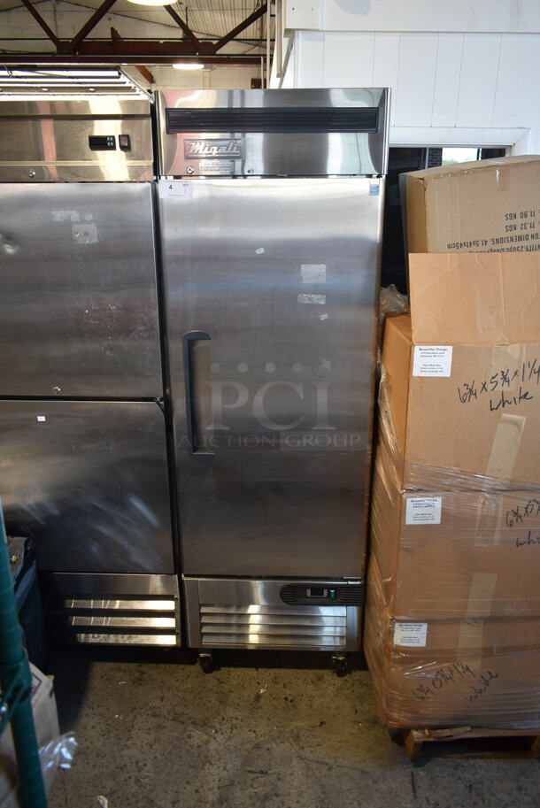 BRAND NEW SCRATCH AND DENT! 2020 Migali C-1RB-HC Stainless Steel Commercial Single Door Reach In Freezer w/ Poly Coated Racks on Commercial Casters. 115 Volts, 1 Phase. Tested and Powers On But Does Not Get Cold - Image 2 of 10