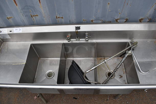 Duke Stainless Steel Commercial 3 Bay Sink w/ Dual Drain Boards, Faucet and Spray Nozzle Attachment.  - Image 3 of 4