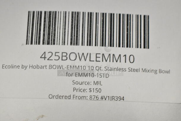 BRAND NEW SCRATCH AND DENT! 425BOWLEMM10 Ecoline by Hobart BOWL-EMM10 10 Qt. Stainless Steel Mixing Bowl for EMM10-1STD - Image 5 of 5