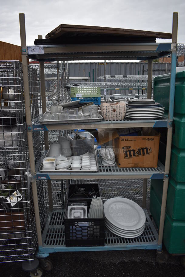 ALL ONE MONEY! Lot of 4 Tiers of Various Smallwares Including White Ceramic Plates, Sign and Poly Lids. Does Not Include Shelving Unit