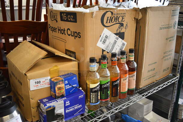 ALL ONE MONEY! Lot of 5 Various Syrup Flavors, 2 Boxes of Drink Cups, Sandwich Picks, Stirrers and Box of Various Items Including Casters.