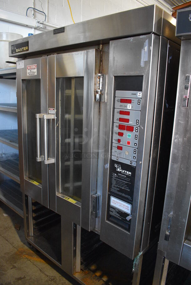 Baxter Stainless Steel Commercial Floor Style Natural Gas Powered Mini Rotating Rack Oven w/ Lower Pan Rack on Commercial Casters. 48x38x75