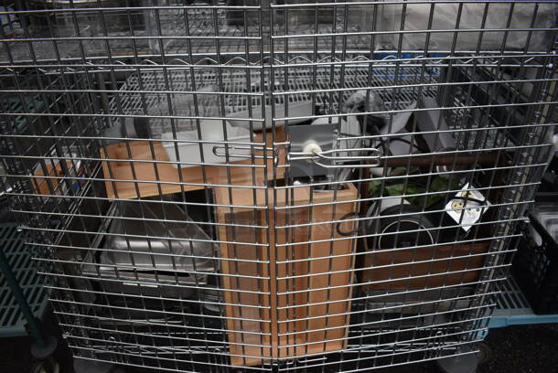 ALL ONE MONEY! Lot of Chrome Finish 3 Tier Shelving Unit on Commercial Casters w/ Liquor Cage and All Contents Including Wooden Box, Chafing Dish, Fake Plant. BUYER MUST DISMANTLE. PCI CANNOT DISMANTLE FOR SHIPPING. PLEASE CONSIDER FREIGHT CHARGES. 50x25x68 - Image 5 of 10