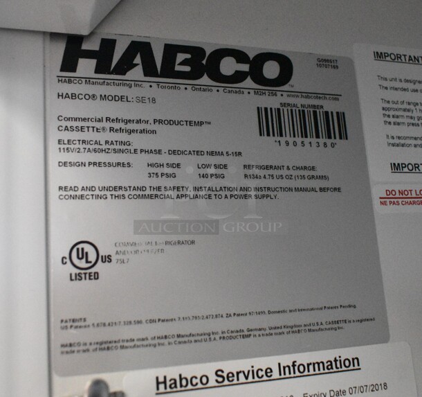2019 Habco SE18 Metal Commercial Single Door Reach In Cooler Merchandiser w/ Poly Coated Racks. 115 Volts, 1 Phase. Tested and Working! - Image 3 of 3