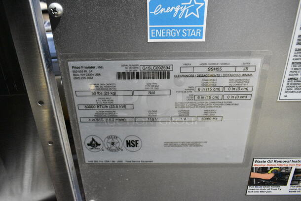 BRAND NEW SCRATCH AND DENT! Pitco Frialator SSH55 Stainless Steel Commercial Natural Gas Powered 2 Bay Deep Fat Fryer w/ 4 Metal Fry Baskets and 4 Splash Guards on Commercial Casters. 80,000 BTU.  - Image 12 of 12