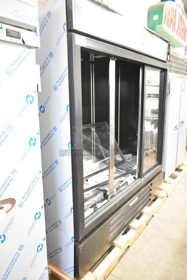 BRAND NEW SCRATCH AND DENT! Beverage Air MMR66HC-1-BB MarketMax 75" Black Glass Sliding Door Merchandiser Refrigerator with Black Interior. 2 Doors w/ Broken Glass, See Pictures. 115 Volts, 1 Phase. Tested and Powers On But Does Not Get Cold - Image 3 of 10