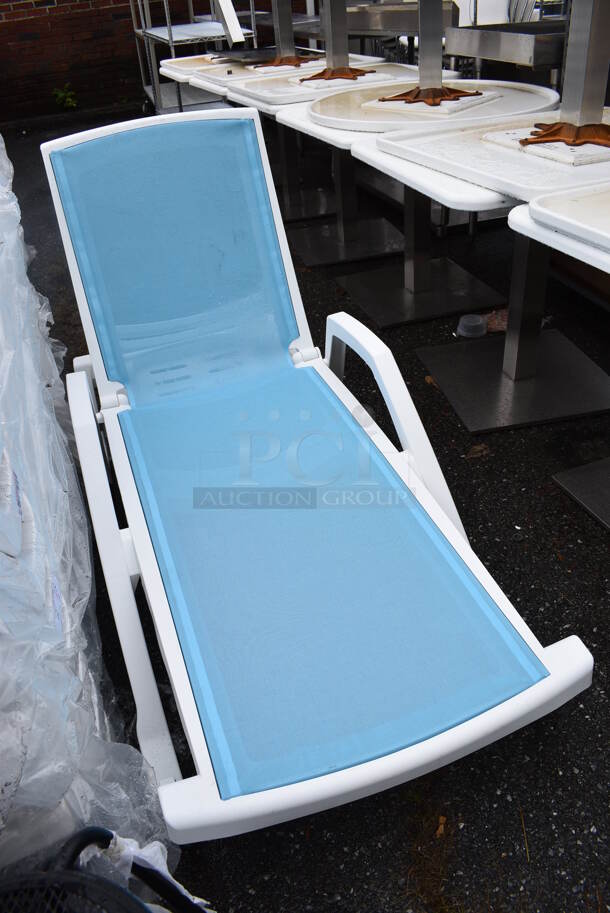 5 BRAND NEW SCRATCH AND DENT! Lancaster Table & Seating White Stacking Adjustable Chaise with Marine Blue Sling Seat. 72x28x19. 5 Times Your Bid! - Image 3 of 5