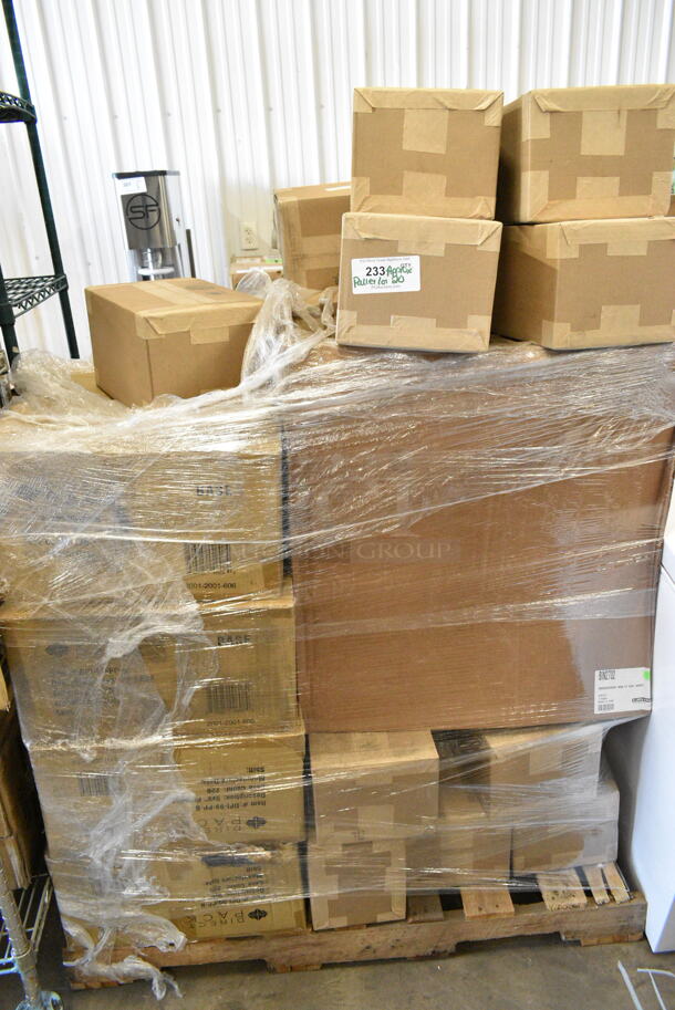 20 BRAND NEW Boxes Including Carlisle BIN2702 27 Gallon / 430 Cup White Flat Top Mobile Ingredient Storage Bin with Sliding Lid, 12 Box Cocktail 2-1/2", 9 Box DPI-99-PP-B 9x9" PP Base, Mid Century Butane Stove Frame. 20 Times Your Bid!  - Image 1 of 6